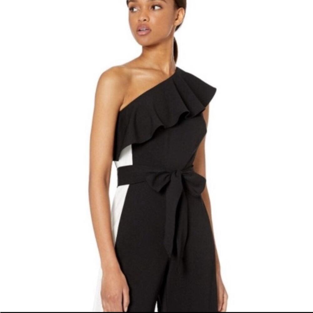 NWT Adrianna Papell One Shoulder Crepe Jumpsuit Black Ivory Stripe Size 4 - Picture 4 of 9